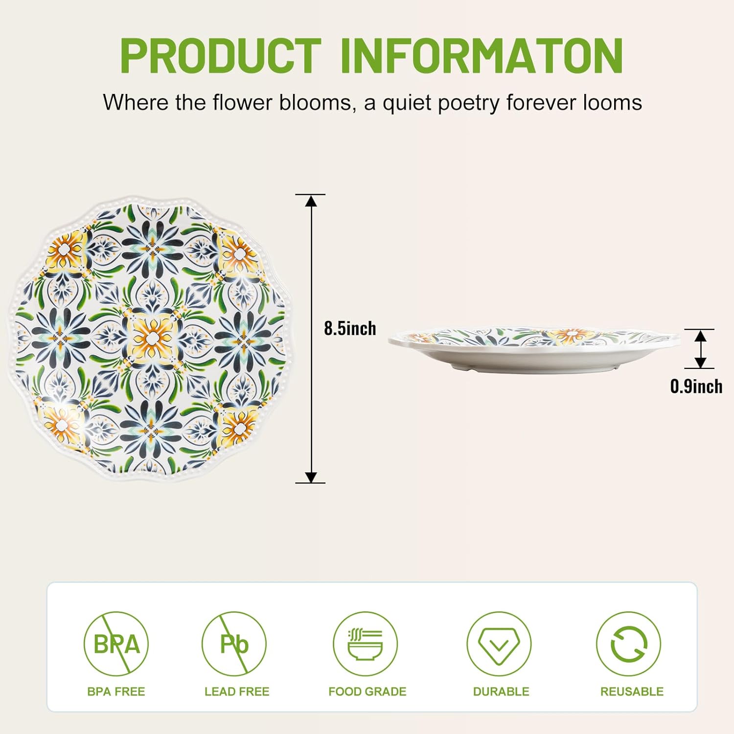 UNK U 8.5-Inch Floral Melamine Plates Set of 6, Rustic Dinner Plates with Flower Shape, Dishwasher Safe Decorative Plates for Garden Party, Family Meals, Birthdays Party & Everyday Use