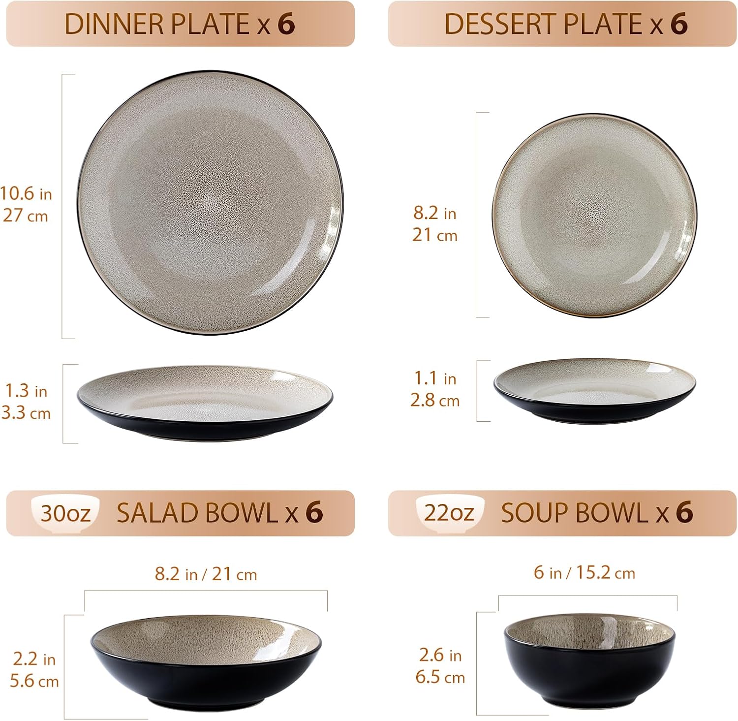 Plates and Bowls Sets for 6 - CJDC-QUELO 24-Piece Stoneware Dinnerware Sets, Ceramic Dishware Set for Indoor Kitchen Use and Formal Dining, Chip and Scratch Resistant Microwave Dishwasher Safe, Brown