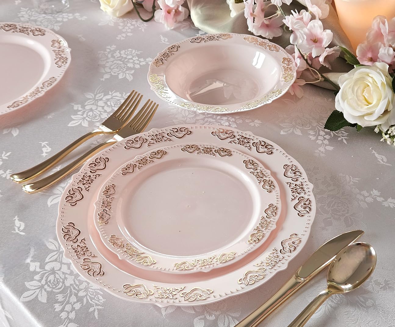 " OCCASIONS " 50 Plates Pack (25 Guests) Vintage Wedding Party Disposable Plastic Plate Set -25x10.25'' Dinner +25x7.5'' Salad/Dessert plates (Portofino Light Pink & Gold Accents)