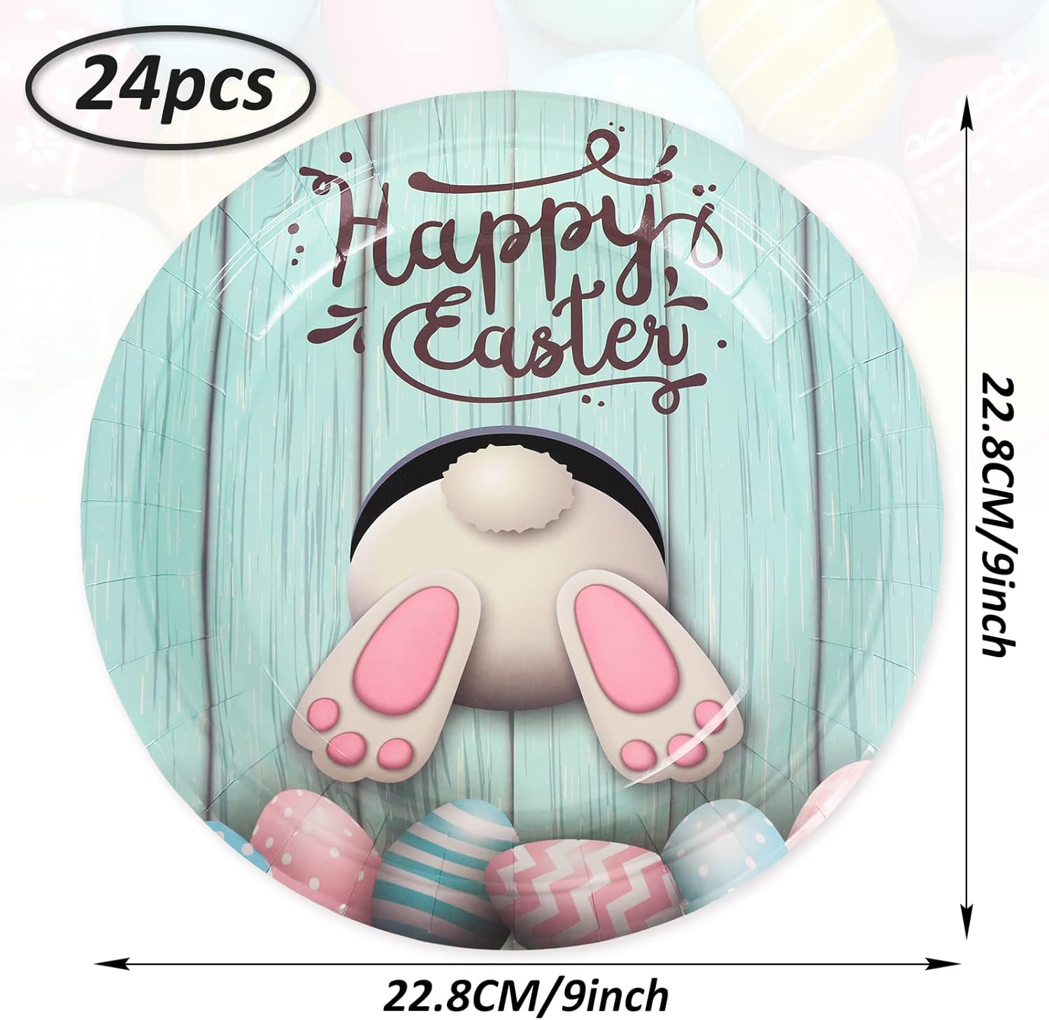 Whaline Easter Paper Plates Happy Easter Round Disposable Plates 9 Inch Cute Egg Bunny Decorative Tableware for Birthday Party Supplies Table Decorations, 24Pcs
