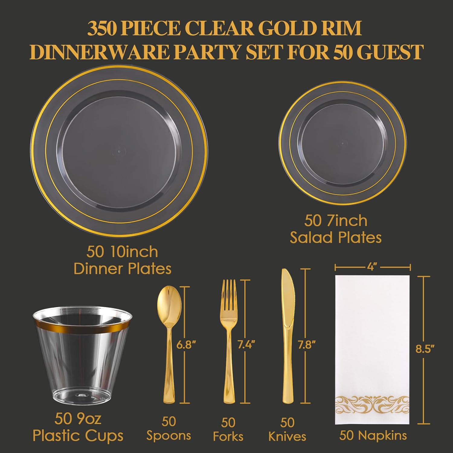 FOCUSLINE 350 Count Clear Dinnerware Set for 50 Guests- Clear Plastic Plates with Gold Rim, Includes Disposable 50 Dinner & Salad Plates, Cups, Napkins and Cutlery Set