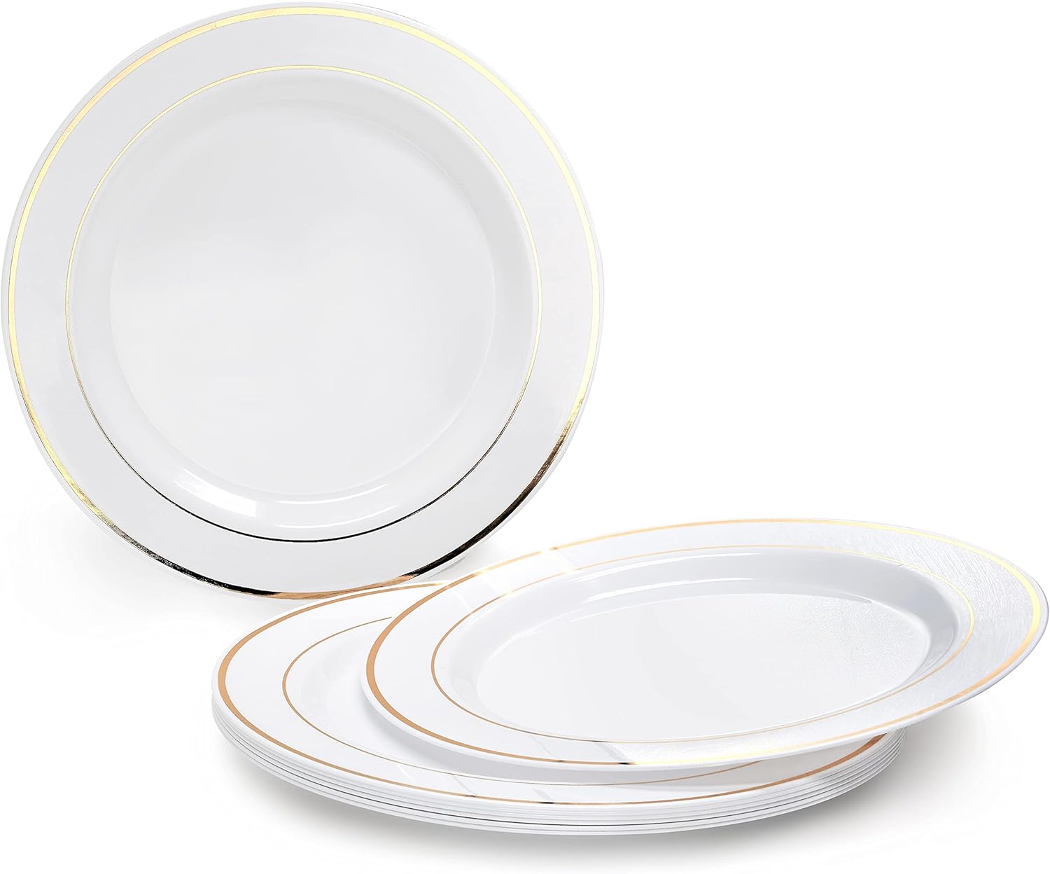 " OCCASIONS " 150pcs set (25 Guests)- Disposable Heavyweight DinnerwareWedding Plastic Plates & cutlery - 10.5'', 7.5'' + Silverware w/double fork (White & Gold Rim)
