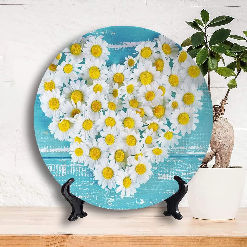 Ceramic Plates, Yellow and Blue Decorative Ceramic Plates, Heart Shaped Daisy Flowers Romantic Lovers, 6 Inch, for Dining, Parties, Wedding, Sky Blue White