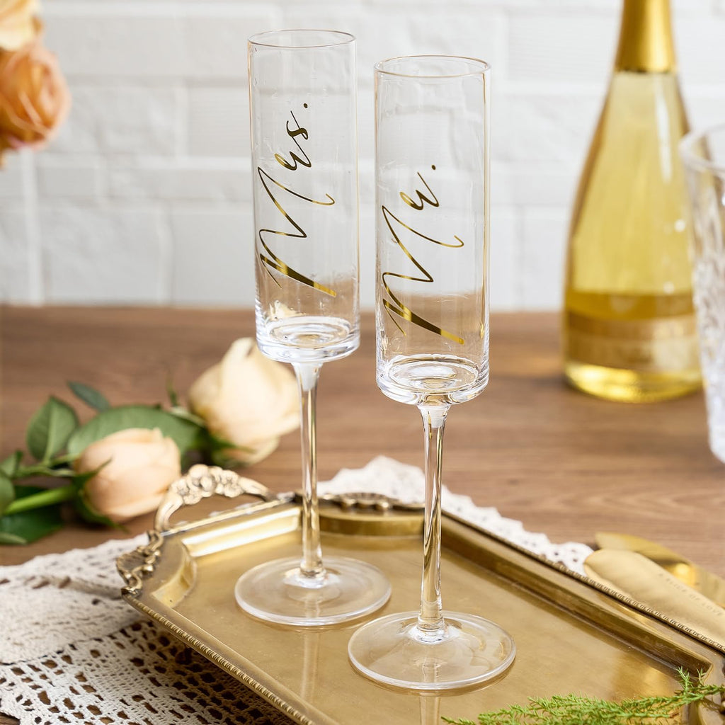AW BRIDAL Engagement Bridal Shower Wedding Gifts for Couple Newlyweds, Anniversary Mr Mrs Champagne Flutes Toasting Glasses Set of 2, Wedding Gold Cake Cutting Set with Wooden Box for Bride Groom
