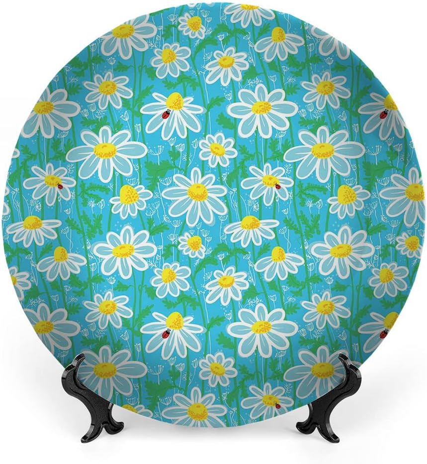 Decorative Plates, Yellow and Blue Print Ornament, Meadow Art Pattern with Ladybirds and Chamomile Daisy, 6 Inch, Kitchen Wall Decor, Aqua White Marigold