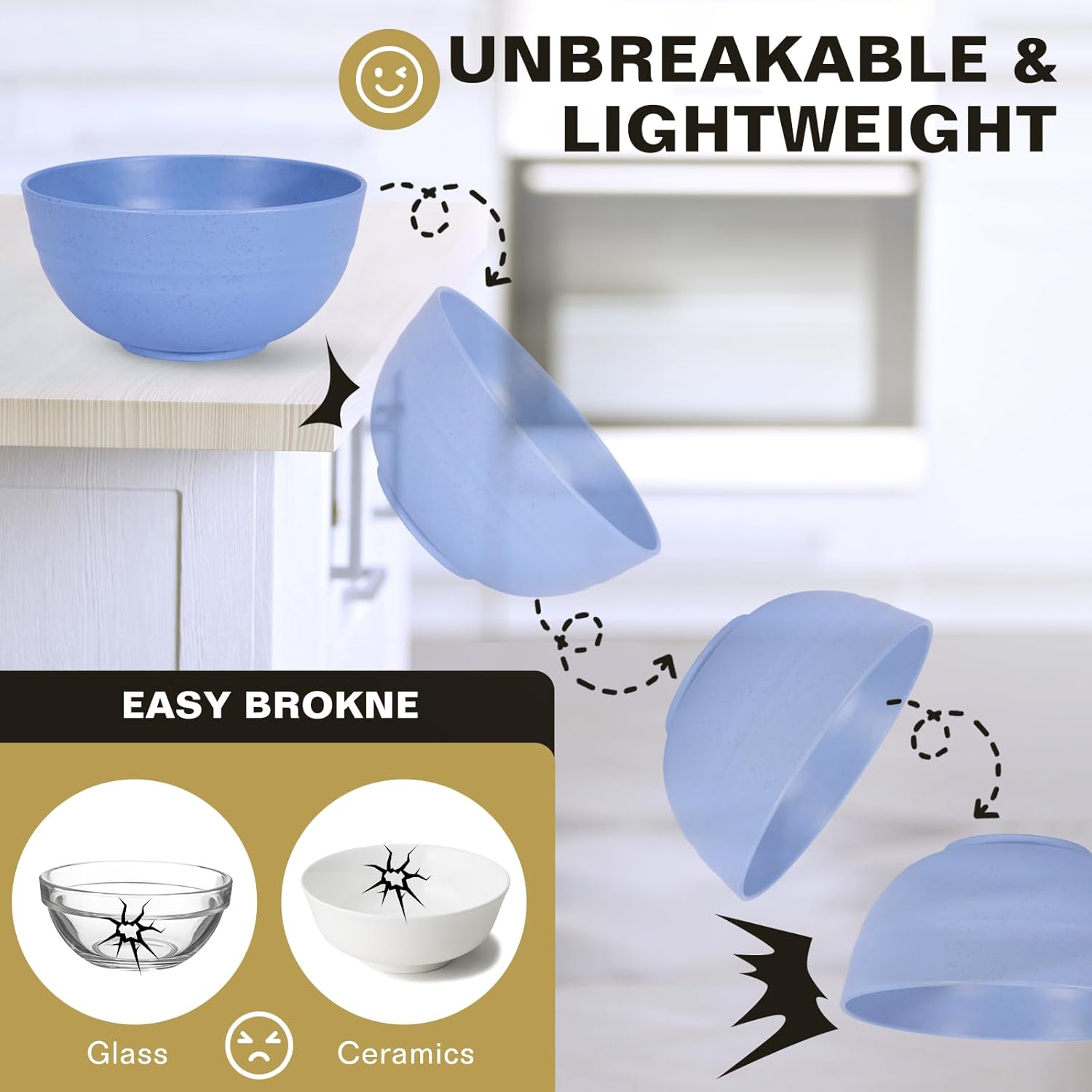 Cereal Bowls, 26 Oz Unbreakable Plastic Cereal Wheat Straw Bowl Sets of 8, Lightweight Microwave Dishwasher Safe Reusable BPA-Free for Kitchen Soup Salad Noodle Desert, Multicolor