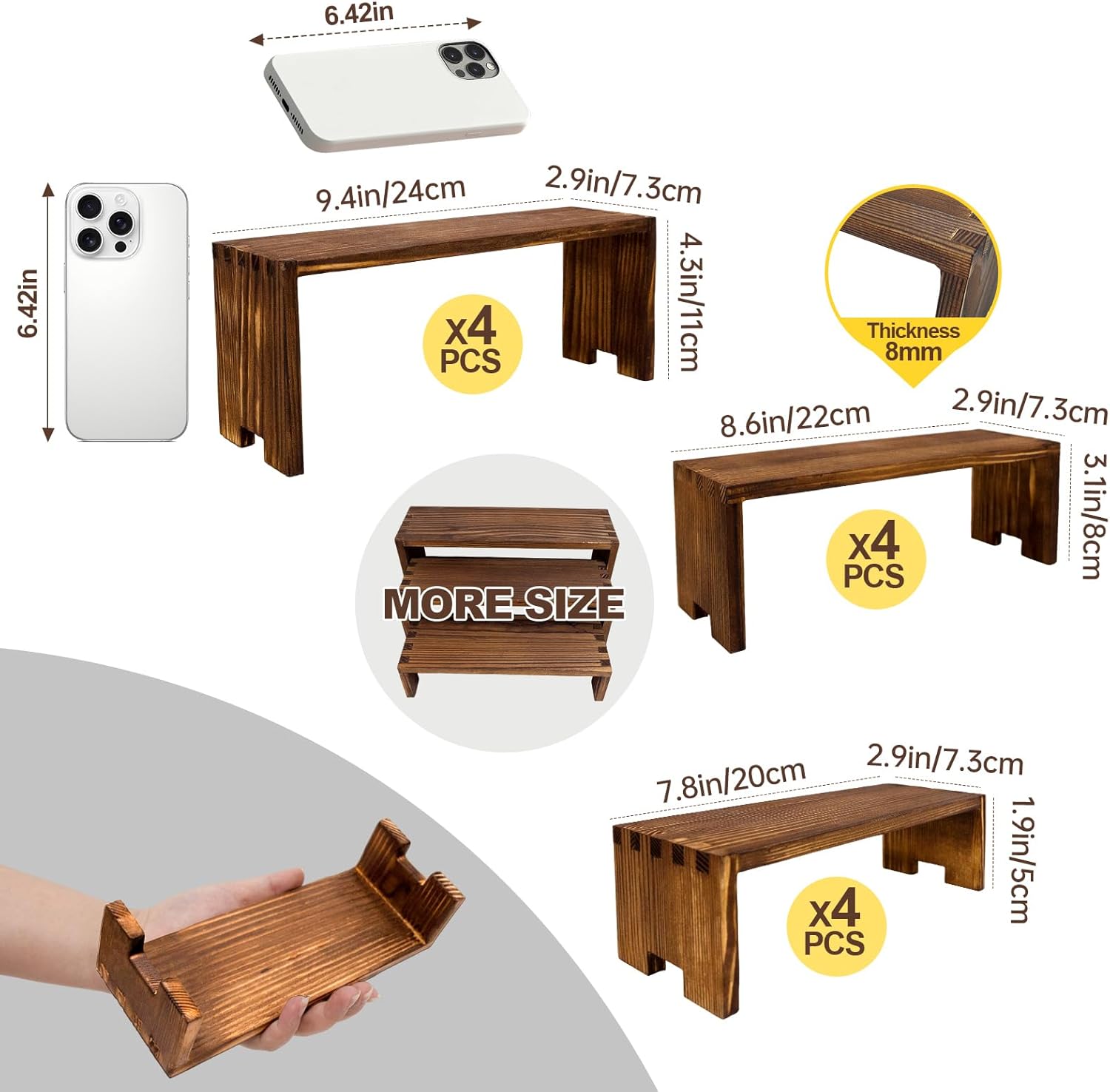 Display Wood Risers Wooden Stand 3 Tier 4 Set 12 Pieces Tiered Desert Wooden Stands Decorative Rectangular Display Cupcake Stands Cologne Perfume Racks(Brown)