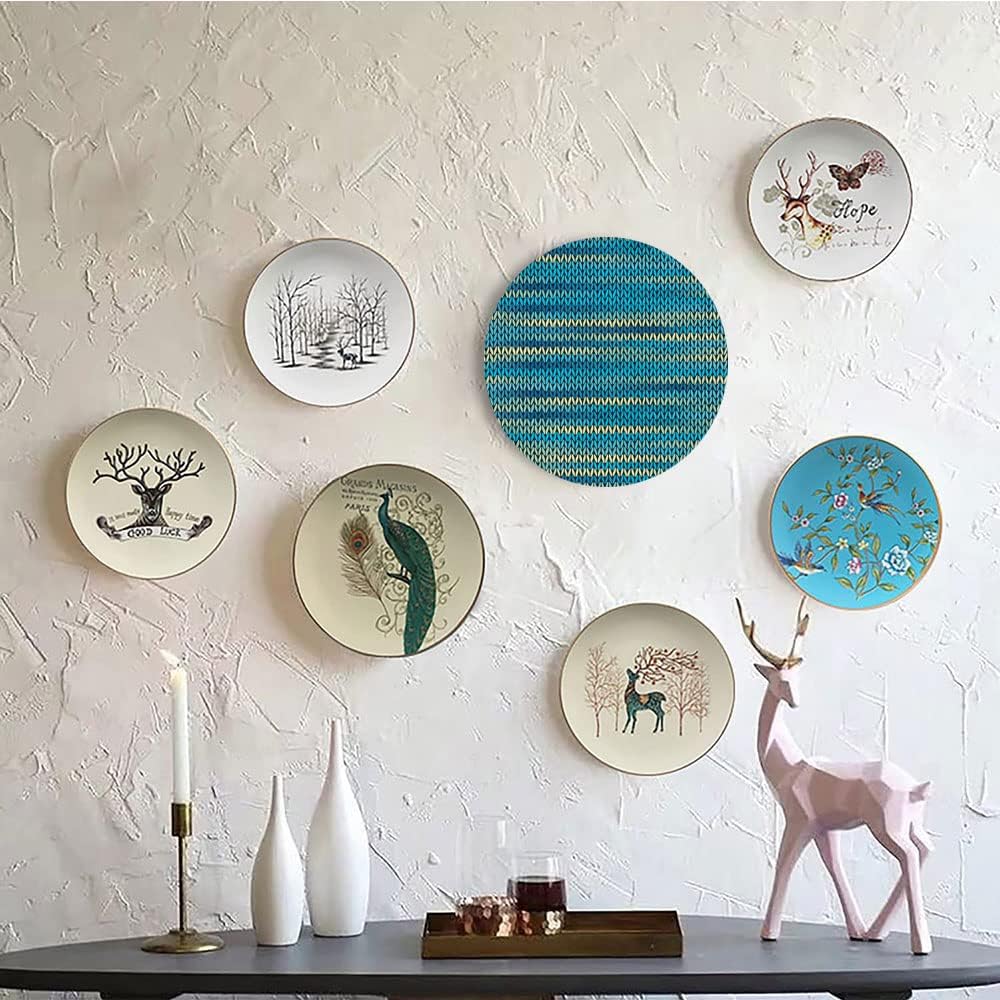 Ceramic Plates, Yellow and Blue Decorative Ceramic Plates, Knitted Melange Inspired Graphic Clothing Texture, 8 Inch, for Dining, Parties, Wedding, Teal Navy Blue Light Yellow