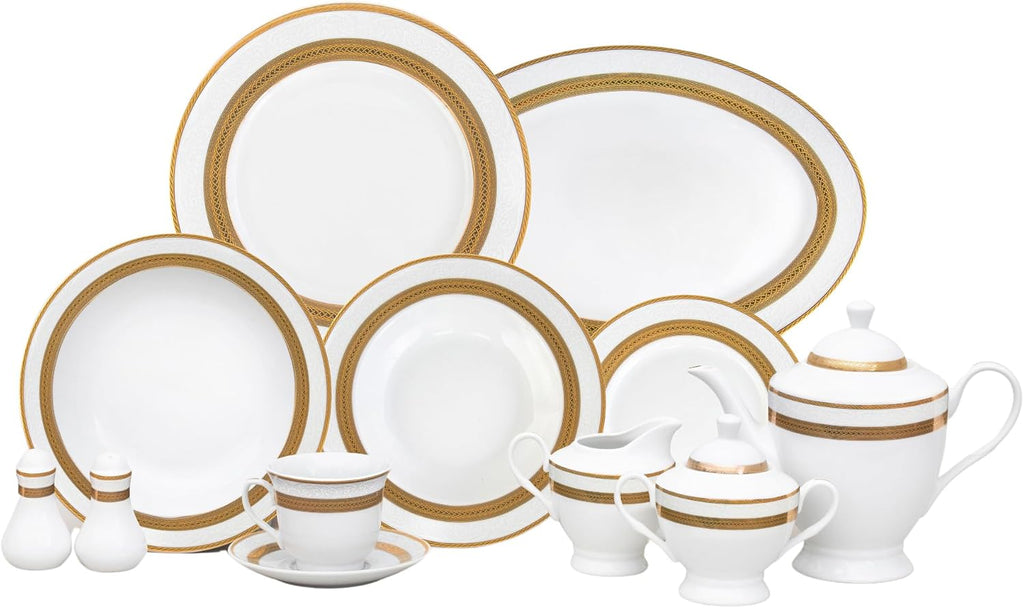 Porcelain Dinnerware Set for 8 - Gorgeous 49 Piece Dish Set - White and Gold Rope Design Porcelain Service for 8 - Chip Resistant Dining Set - For Everyday Use or Formal Occasions (Rope Gold 2049)