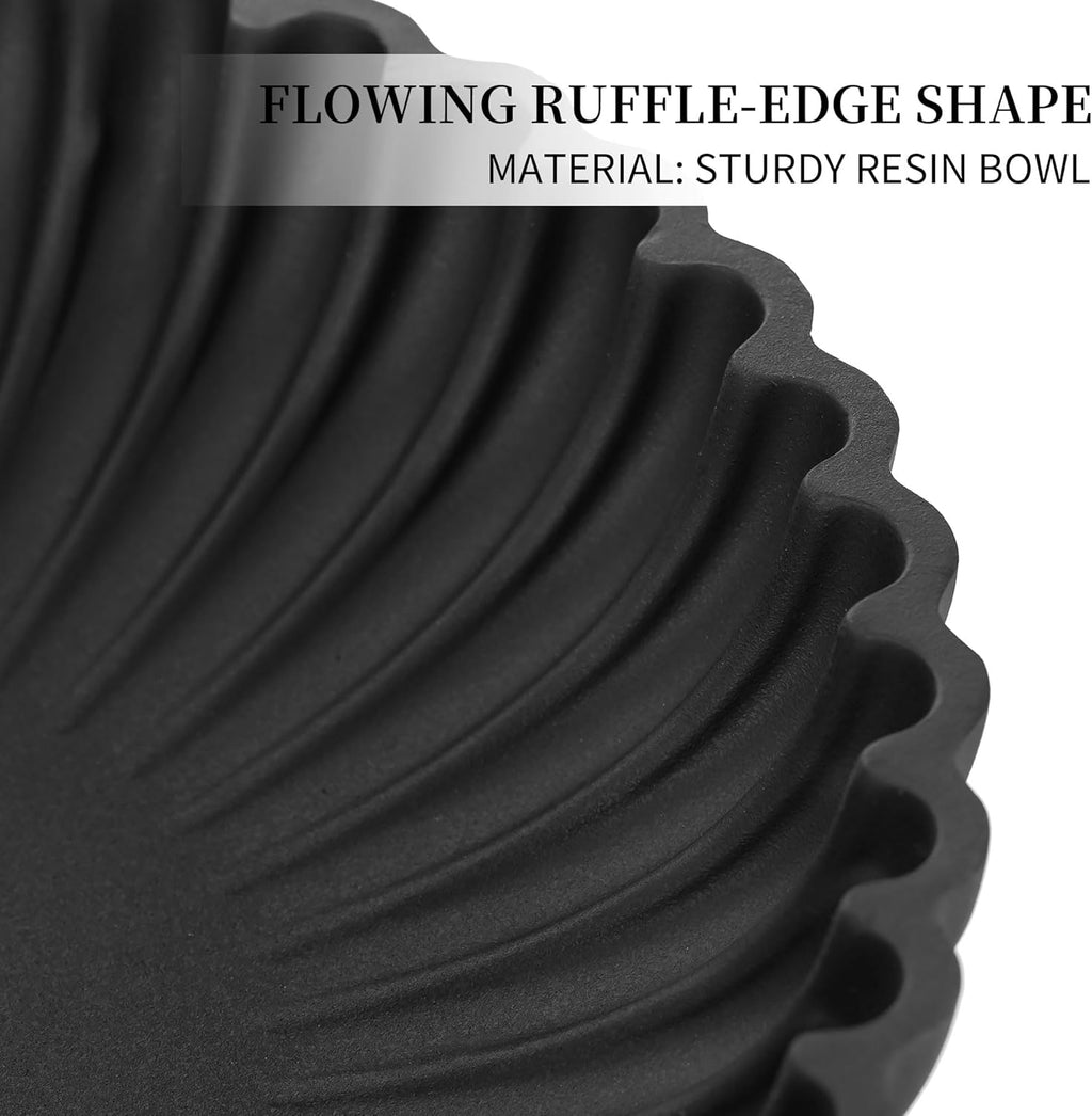 Hanobe Black Decorative Bowl Decor: Modern Resin Scalloped Ruffle Key Tray for Home Living Entryway Coffee Tables Centerpiece 9.45" Fruit Bowls for Dinning Kitchen Counter