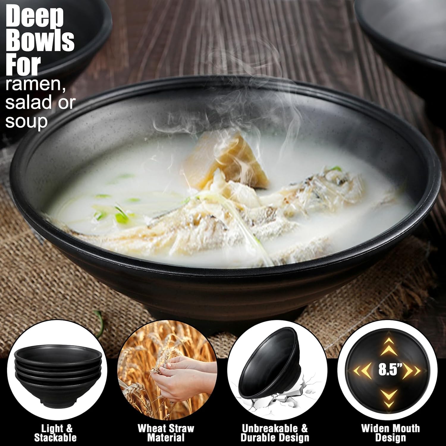 shopwithgreen Thin Plastic & Wheat Straw Japanese Ramen Bowl Set of 4, 44 OZ Large Ramen Bowls for Pho Thai Udon Soup Buldak Noodles, Dishwasher & Microwave Safe, Wheat Straw Bowls Set, NOT CERAMIC