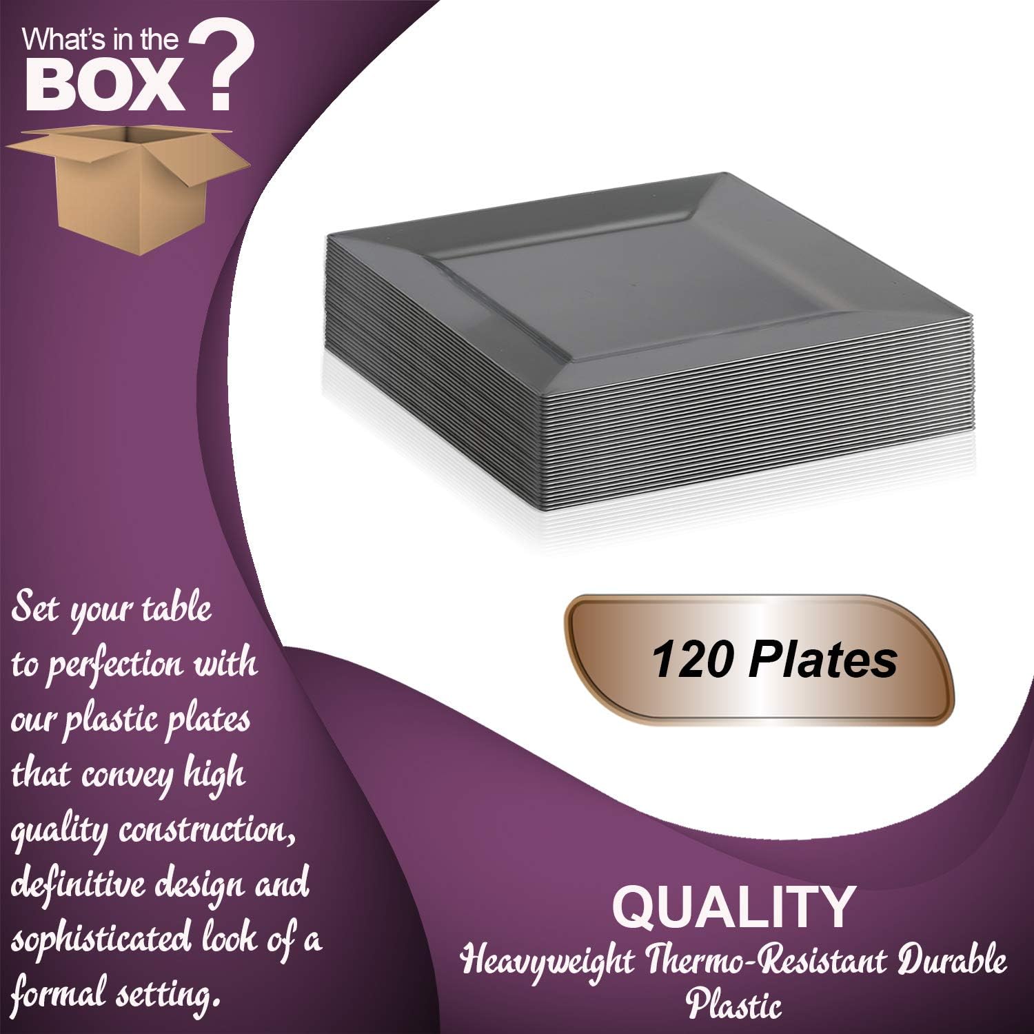 Disposable Plastic Dessert Plates -120 Plates -Heavy Duty Square Silver Salad Plates- 6.5" Appetizer Cake Plates Bulk Party Supplies For All Occasions