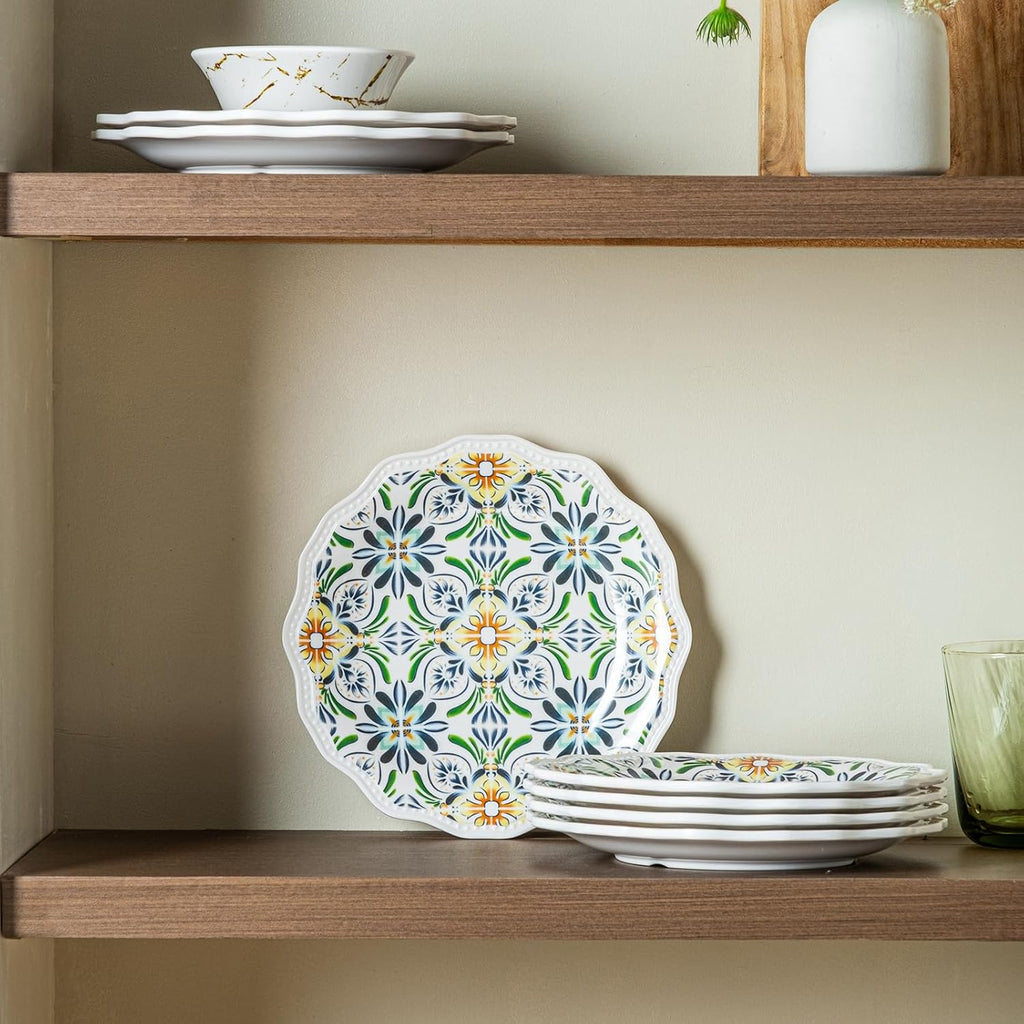 UNK U 8.5-Inch Floral Melamine Plates Set of 6, Rustic Dinner Plates with Flower Shape, Dishwasher Safe Decorative Plates for Garden Party, Family Meals, Birthdays Party & Everyday Use
