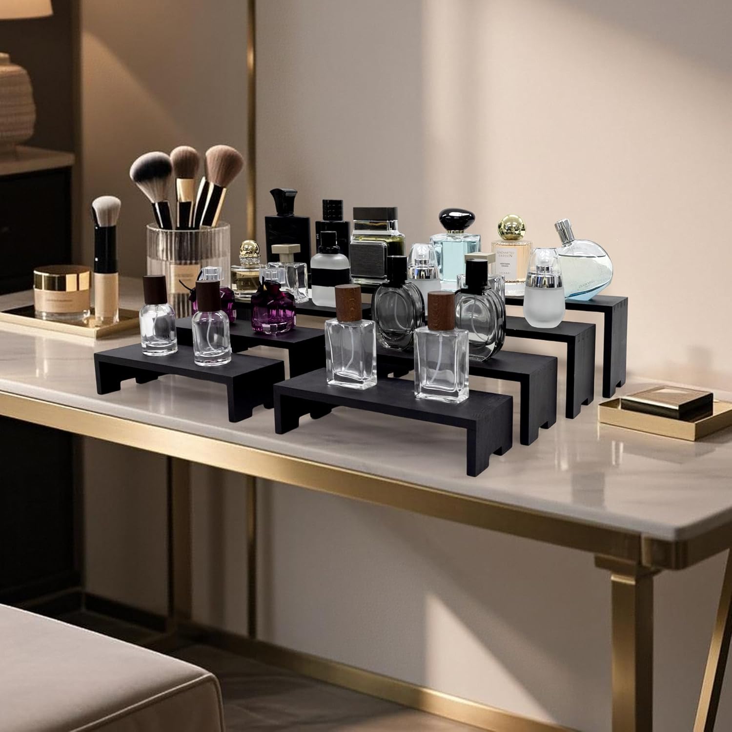 Large Display Wood Risers Wooden Stand 8 Tier Wood Racks Decorative Rectangular, 2 Set 8 Piece Cupcake Stands Cologne Perfume Organizer Dessert Showcase Items(black)