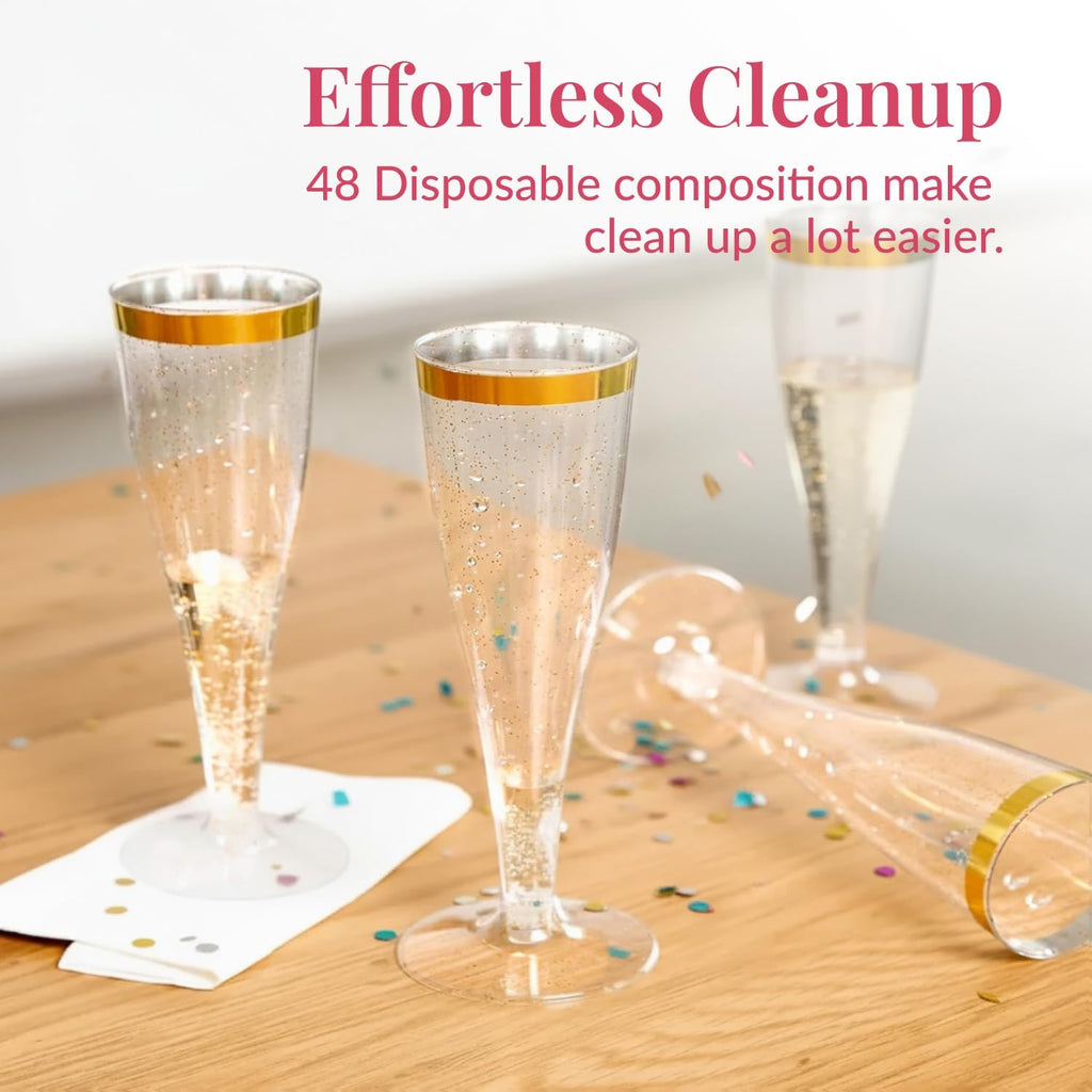 Prestee 48 Disposable Plastic Champagne Flutes with Gold Rim Glitter - Clear Toasting Glasses for Mimosa, New Year’s Eve Party, and Elegant Celebrations - Premium Quality Disposable Stemware