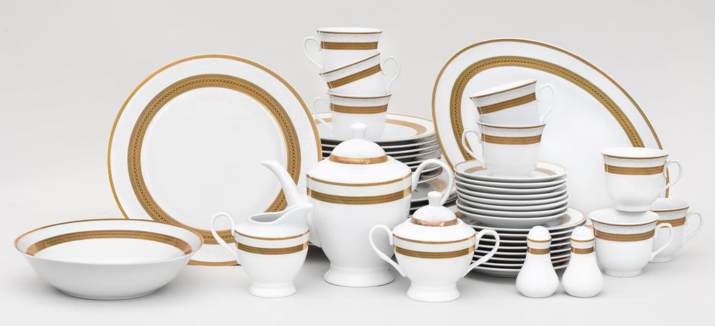 Porcelain Dinnerware Set for 8 - Gorgeous 49 Piece Dish Set - White and Gold Rope Design Porcelain Service for 8 - Chip Resistant Dining Set - For Everyday Use or Formal Occasions (Rope Gold 2049)