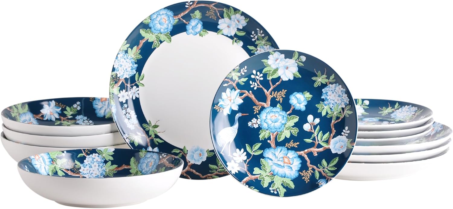 222 Fifth 12-Piece Porcelain Dinnerware Set for 4, Luxury White & Bohemian Blue Plates and Bowls Set, Glossy Ceramic Dish Set with Detailed Floral, Microwave & Dishwasher Safe Dishes, Nightingale