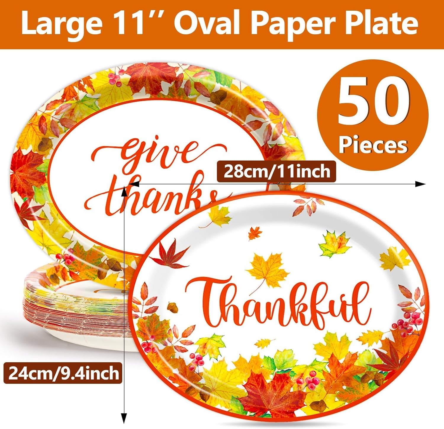 Qyeahkj 50PCS Thanksgiving Oval Paper Plates Large 11”Heavy Duty Disposable Plates Fall Party Decorations Give Thanks Serving Platter Supplies Favor Autumn Maple Leaf Party Tableware Set