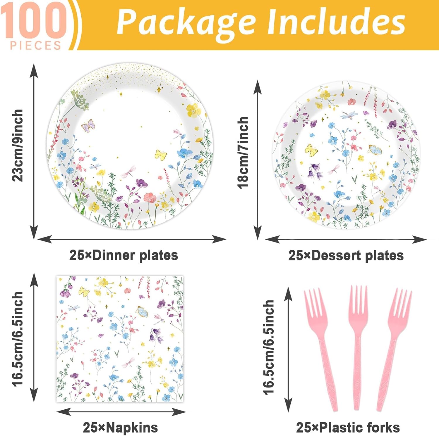OBUSATT 100 Pcs Wildflower Paper Plates and Napkins Party Supplies Wildflower Party Decorations Floral Wildflower Disposable Plates Set for Summer Spring Birthday Baby Shower Wedding, Serve 25 Guests