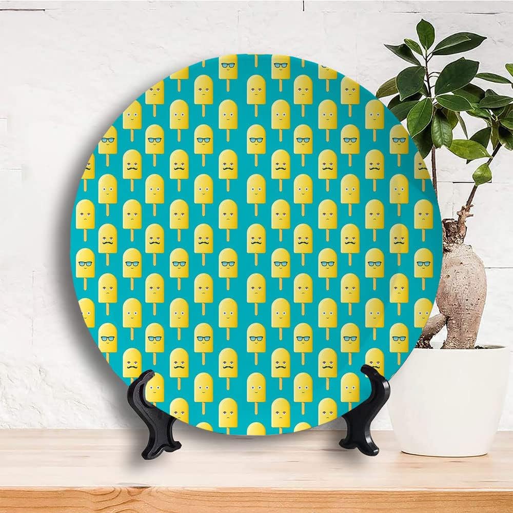 Ceramic Plates, Yellow and Blue Decorative Ceramic Plates, Lemon Flavor Ice Cream with Face Glasses and, 7 Inch, Household Plates Decorative, Teal Yellow