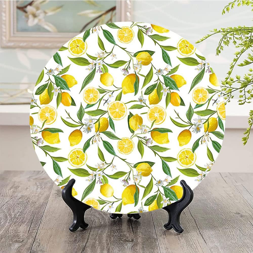 Ceramic Plates, Nature Decorative Ceramic Plates, Exotic Lemon Tree Branches Yummy, 7 Inch, Household Plates Decorative, Fern Green Yellow White