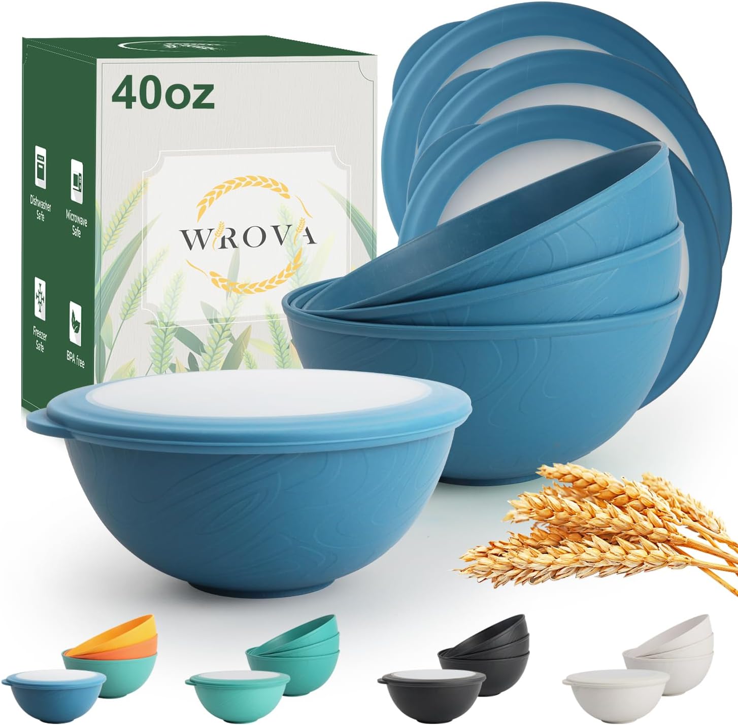 Wrova wheat straw bowls with lids set of 4, 40oz cereal bowls with covers,unbreakable salad container for lunch, dishwasher safe bowl sets for kitchen. Blue