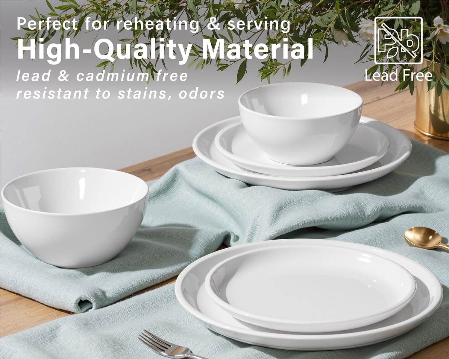 ONEMORE Plates and Bowls Set for 4 - Microwave & Dishwasher Safe Porcelain Dinnerware Set Service for 4 - Ceramic Dishes Set(12 Pcs) - White