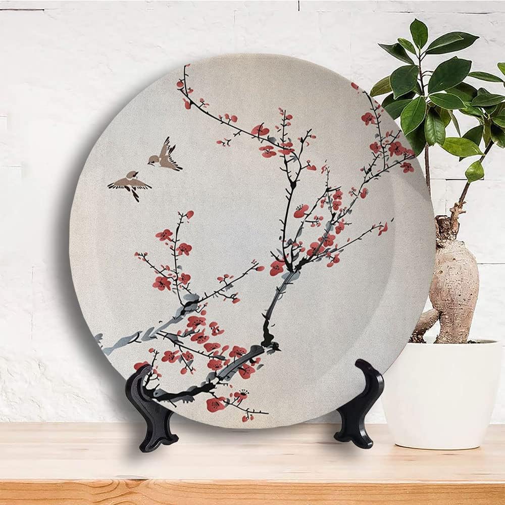 Ceramic Plates, Nature Decorative Ceramic Plates, Cherry Branches Flowers Buds and Birds Asian, 7 Inch, Household Plates Decorative, Black Burgundy