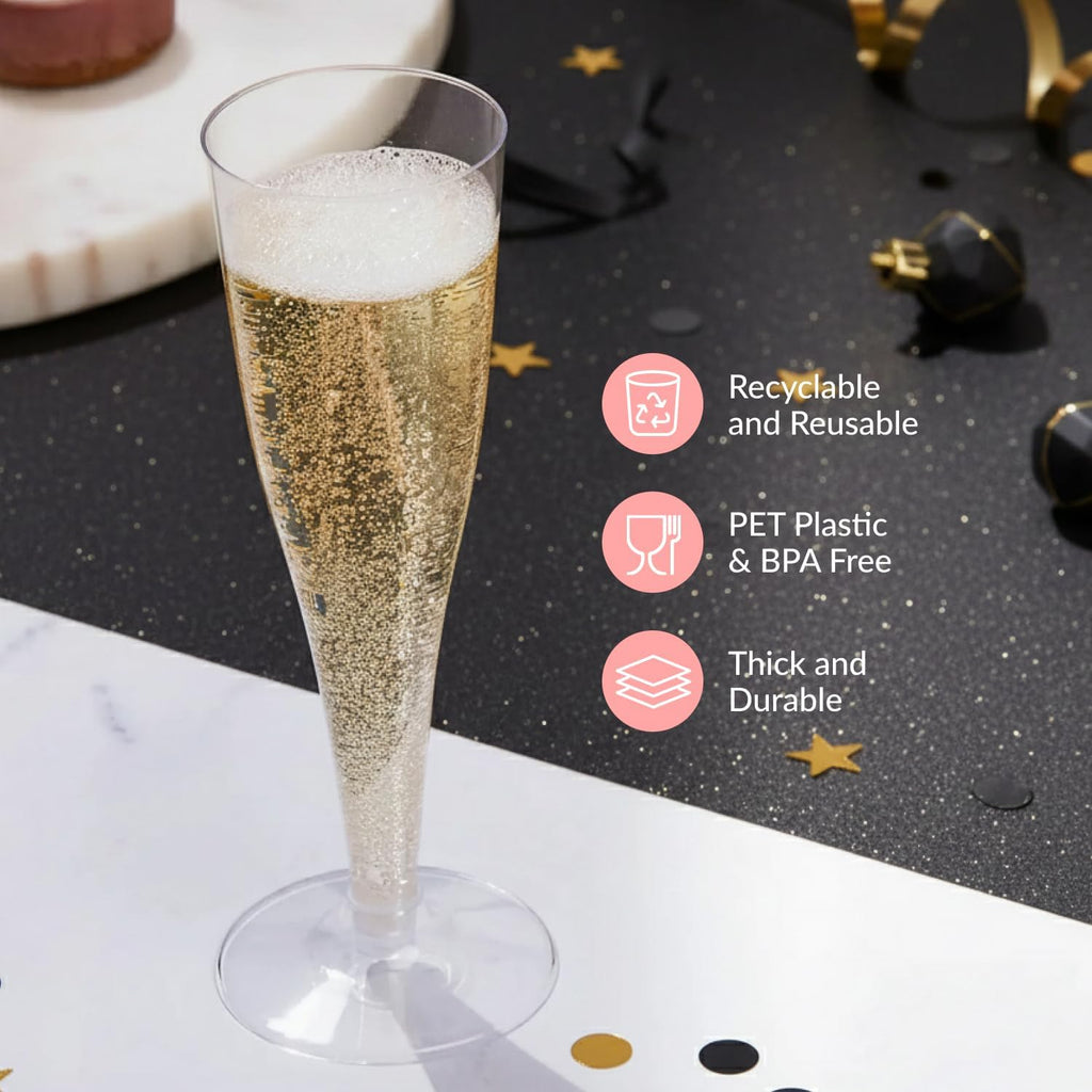 Prestee Set of 24 Clear Plastic Champagne Flutes - 4.5 oz Capacity Shatterproof Disposable Glasses - Suitable for Weddings, Cocktail Parties, and Outdoor Celebrations