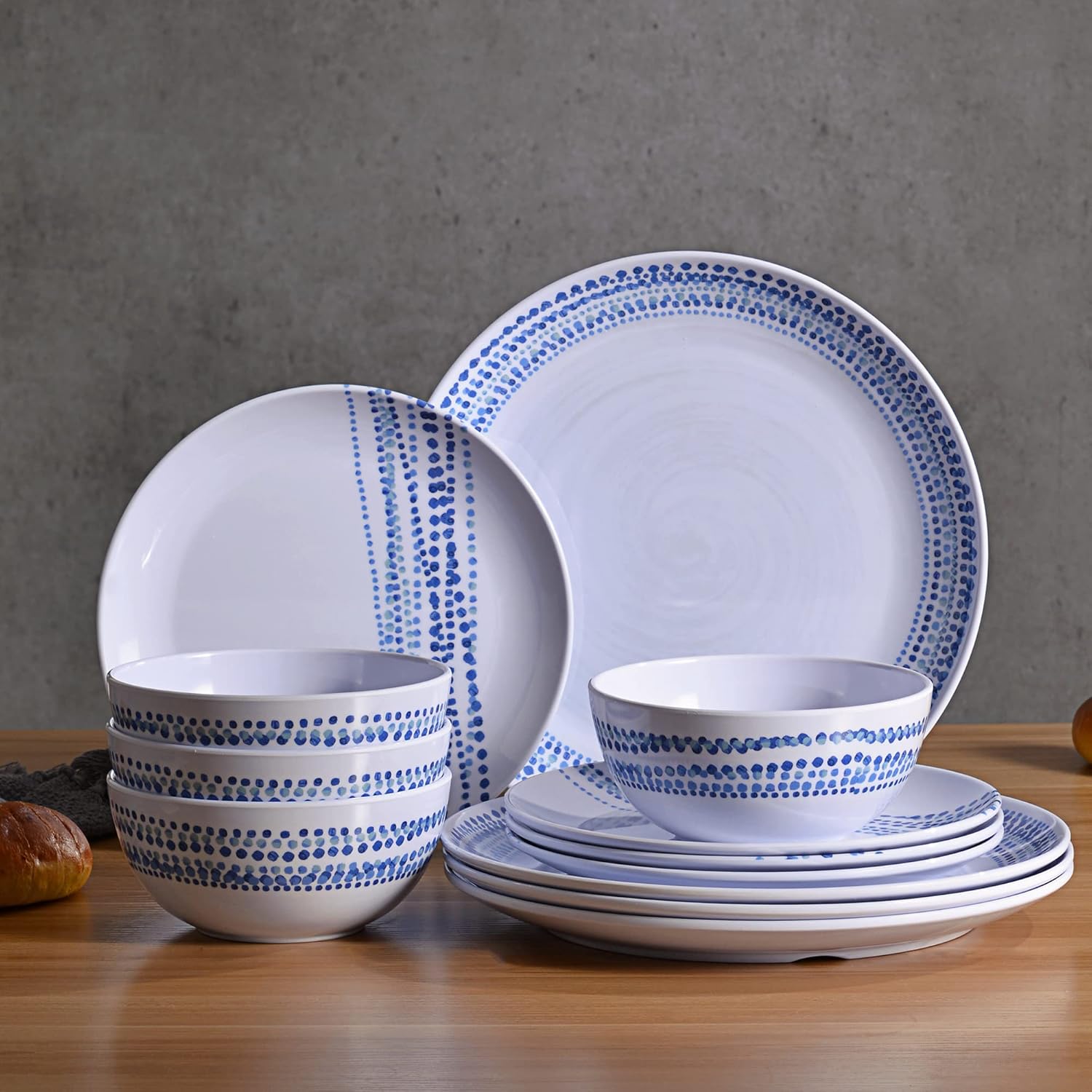 Melamine Dinnerware Sets, 12Pcs Plates and Bowls Sets Dinnerware Sets for 4, Unbreakable Dish Set for Indoor and Outdoor Use, Dishwasher Safe Raindrops Design