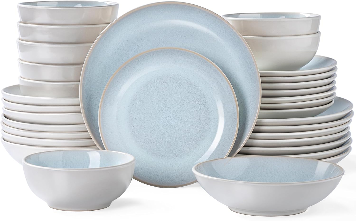 Plates and Bowls Sets for 8 - CJDC-QUELO 32-Piece Stoneware Dinnerware Sets, Ceramic Dishware Set for Kitchen Use and Formal Dining, Chip and Scratch Resistant Microwave Dishwasher Safe, Off White