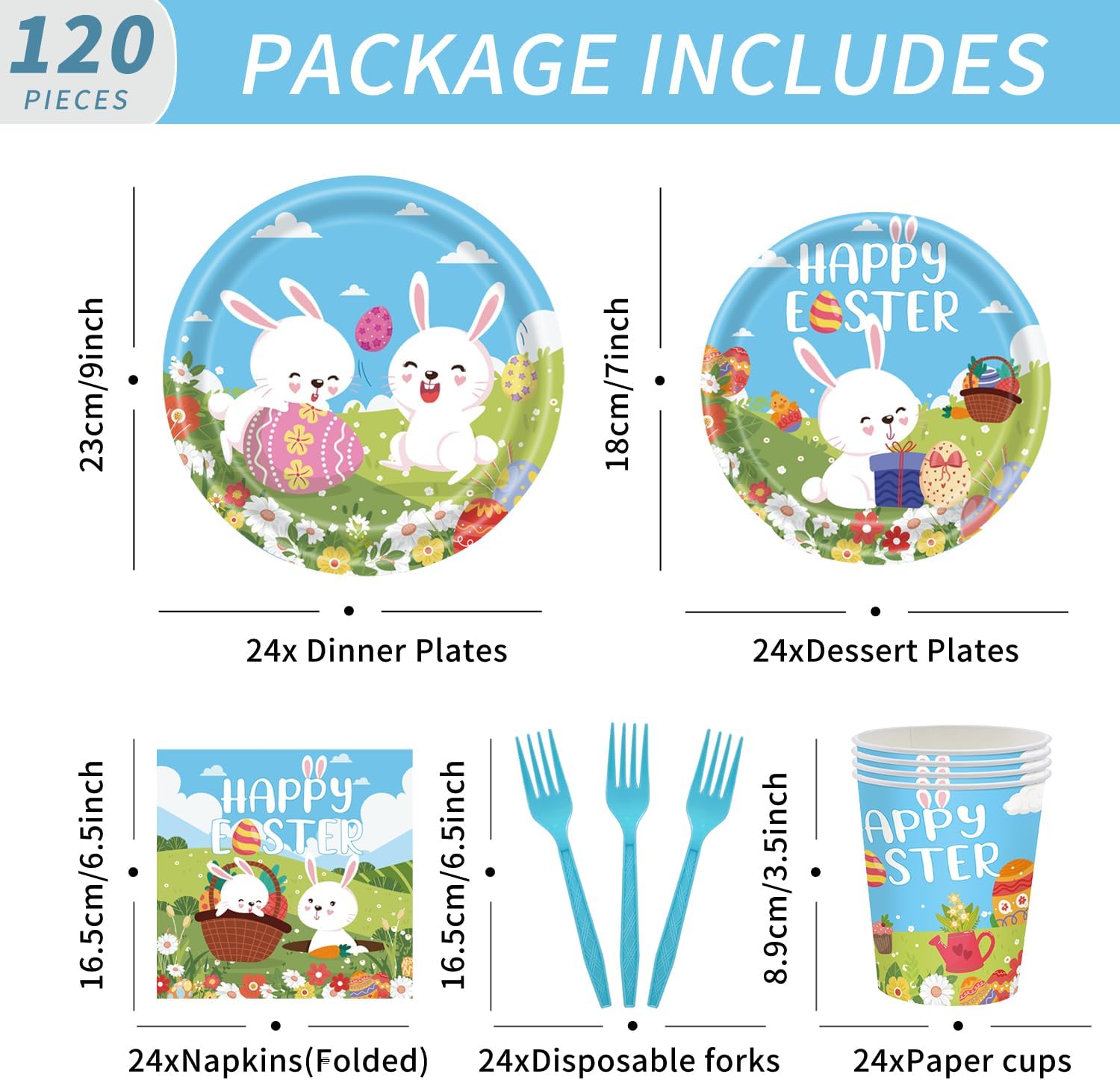 120pcs Easter Plates and Napkins Tableware Set, Happy Easter Disposable Plates Napkins Forks and Cups for Bunny Party Decorations and Supplies, Serve 24