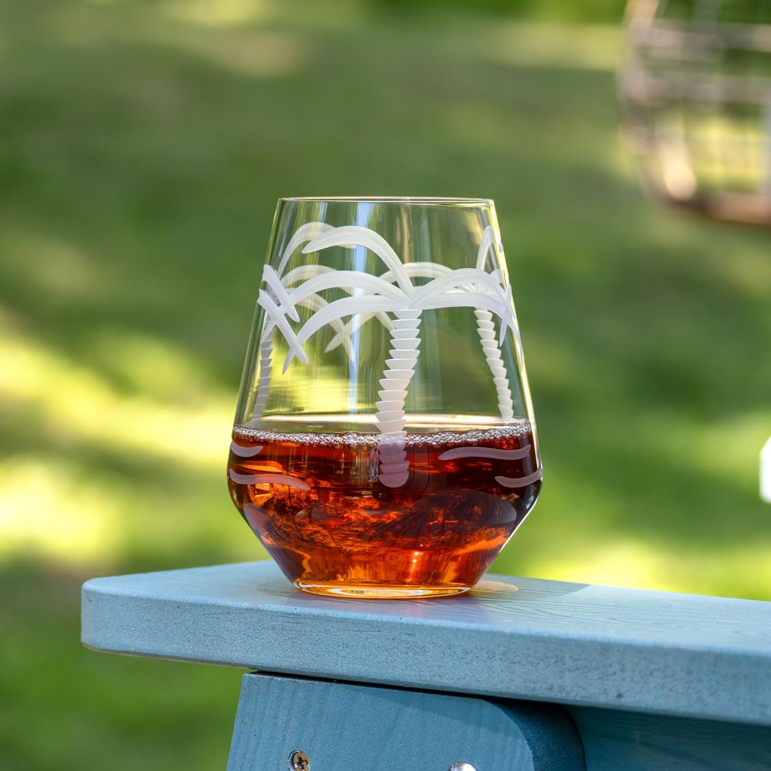 Rolf Glass Palm Tree Stemless Wine Glass 18oz | Set of 2 Wine Tumblers | Lead-free Engraved Coastal Glassware | Made in the USA
