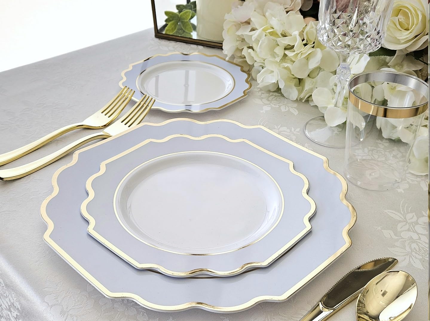 " OCCASIONS " 120 Plates Pack,(60 Guests) Heavyweight Wedding Party Disposable Plastic Plates Set -60 x 10.5'' Dinner + 60 x 8'' Salad/Dessert Plate (Imperial in White/Blue & Gold)