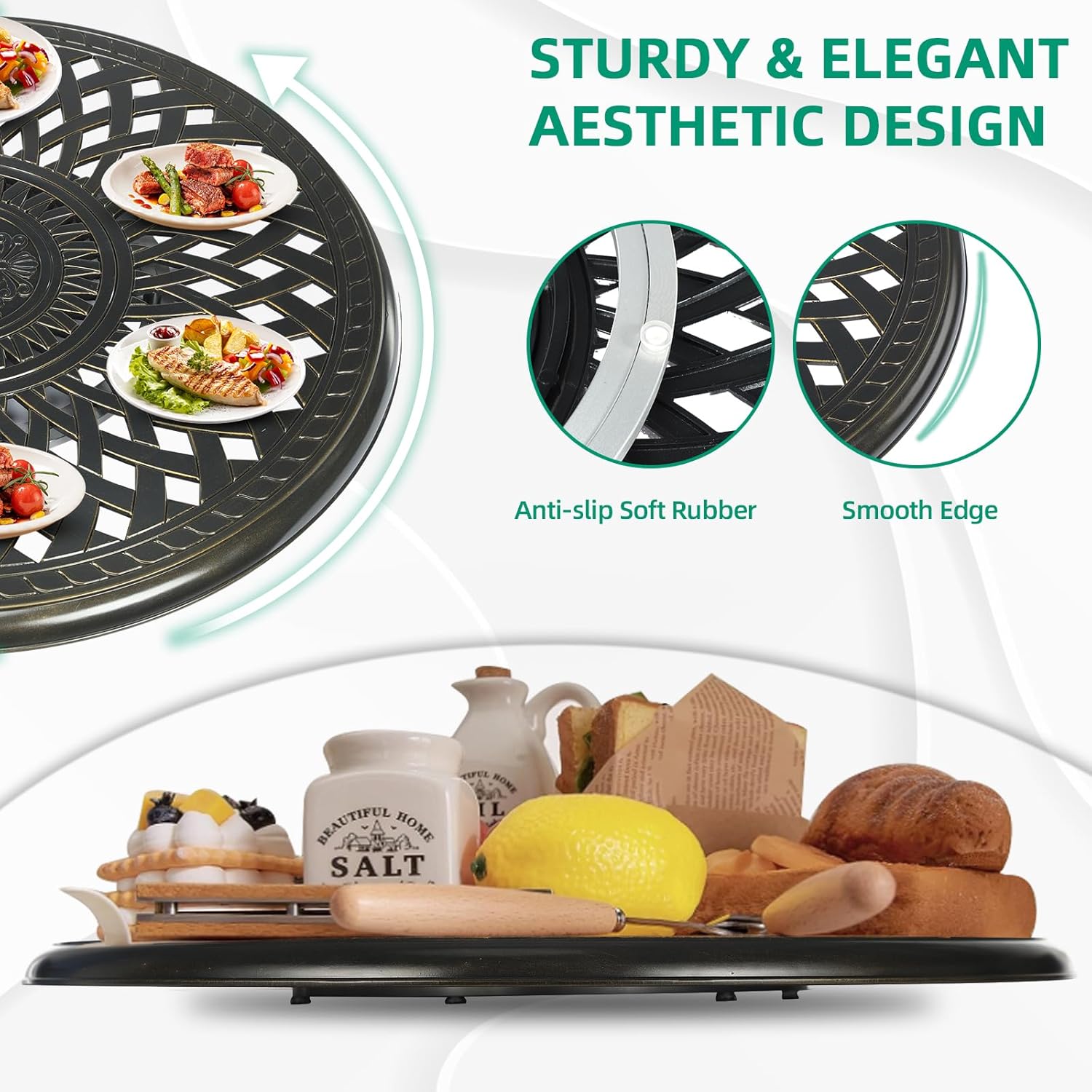 VIVIJASON 31" Cast Aluminum Lazy Susan Turntable, 360° Large Rotating Display Tray with Silent Bearings, Round Table Top Swivel Serving Plate with 2" Umbrella Hole for Outdoor Dining Table