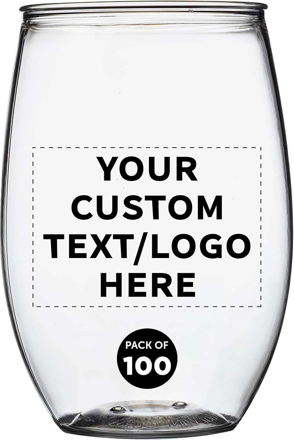 Custom Plastic Stemless Wine Glasses 16 oz. Set of 100, Personalized Bulk Pack - BPA Free, Great for Outdoor Lounges, Poolside, Parties and Other Events - Clear