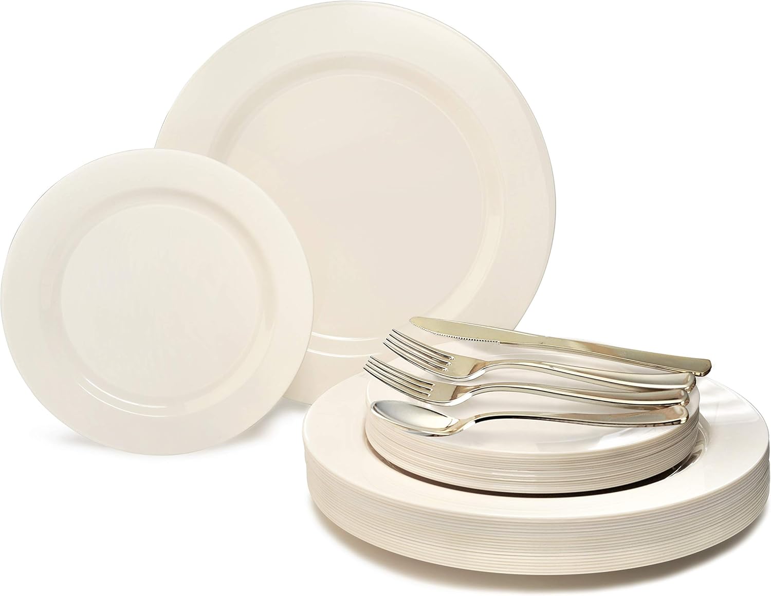 " OCCASIONS " 150pcs set (25 Guests)-Wedding Plastic Plates & cutlery -Disposable heavyweight Dinnerware 10.5'', 7.5'' + Silverware w/double fork (Plain Ivory)