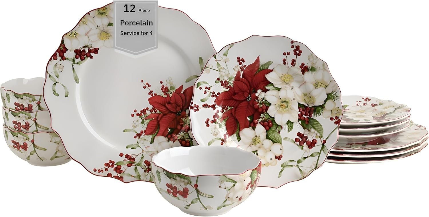 222 Fifth Winter Harmony 12-Piece Porcelain Dinnerware Set for 4- Elegant White Plates and Bowls Set with Red Flower, Ceramic Dish Set for Holiday Dining & Christmas Gift, Beautiful Dishes for Parties