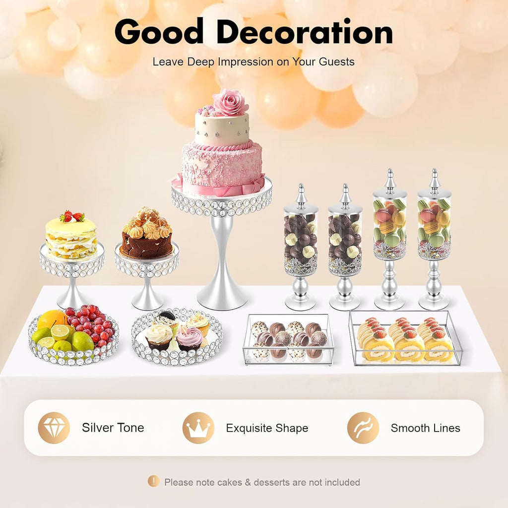 Silver Cake Stand with Base 11 Pieces Cup Cake Stands Glass Dessert Stands Display Set Candy Holder for Baby Shower Wedding Birthday Celebration Party Home Decor