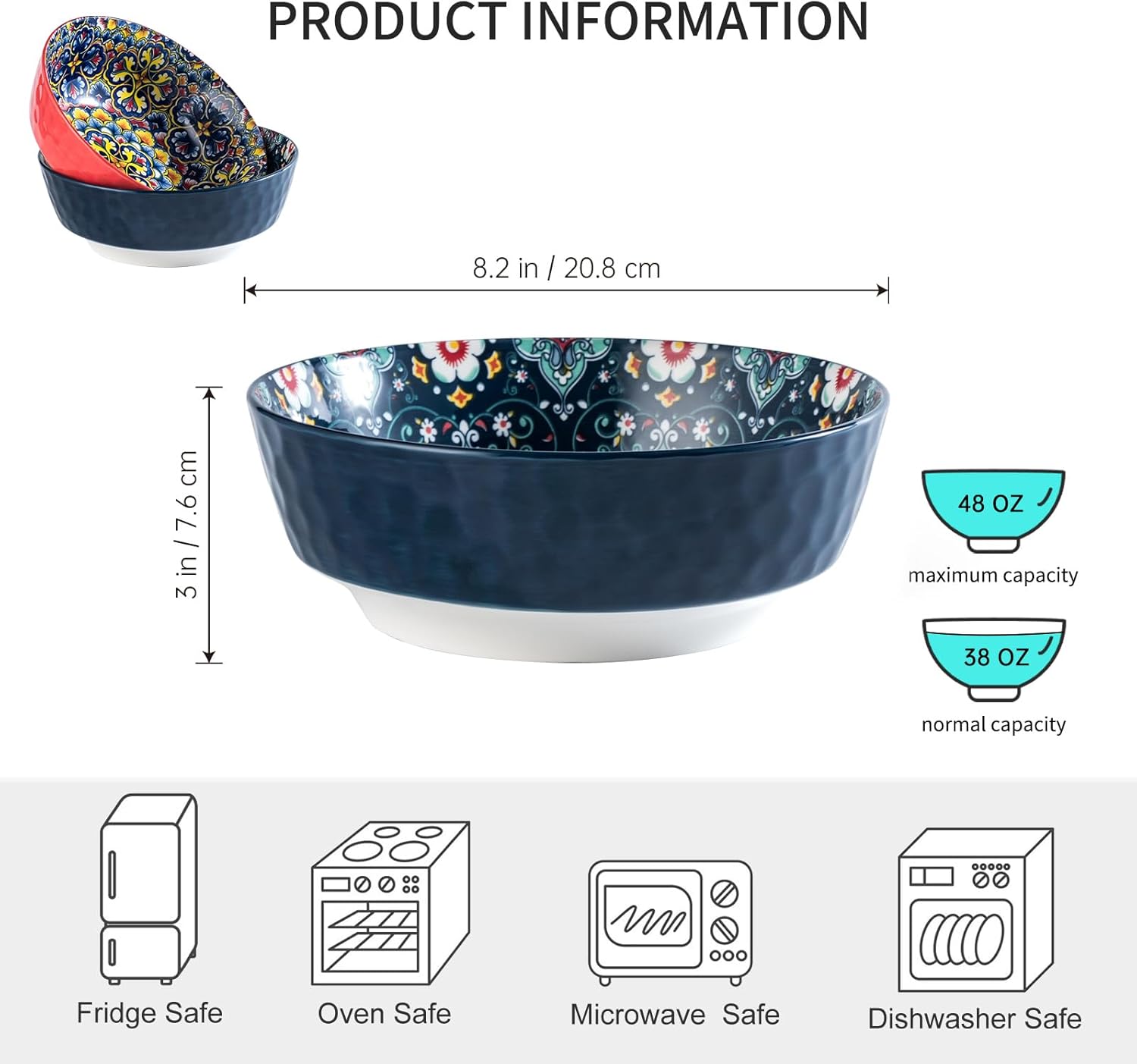 HENXFEN LEAD Large Salad Bowl Sets for Serving Soup, Ramen, Pasta, Fruit, Snacks - 48 Oz Big Ceramic Bowls for Family, Kitchen Cooking, Dinner Party - Set of 2