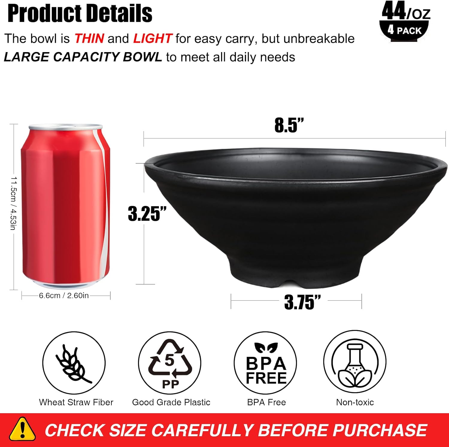 shopwithgreen Thin Plastic & Wheat Straw Japanese Ramen Bowl Set of 4, 44 OZ Large Ramen Bowls for Pho Thai Udon Soup Buldak Noodles, Dishwasher & Microwave Safe, Wheat Straw Bowls Set, NOT CERAMIC