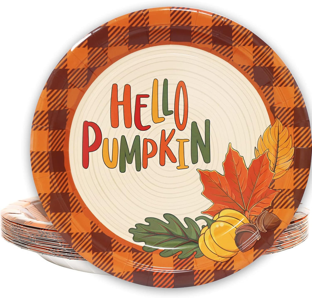 Whaline 24Pcs Thanksgiving Fall Paper Plates 9 Inch Hello Pumpkin Disposable Plates Black Orange Plaid Fall Harvest Paper Plates for Thanksgiving Party Holiday Dinner Tableware Supplies