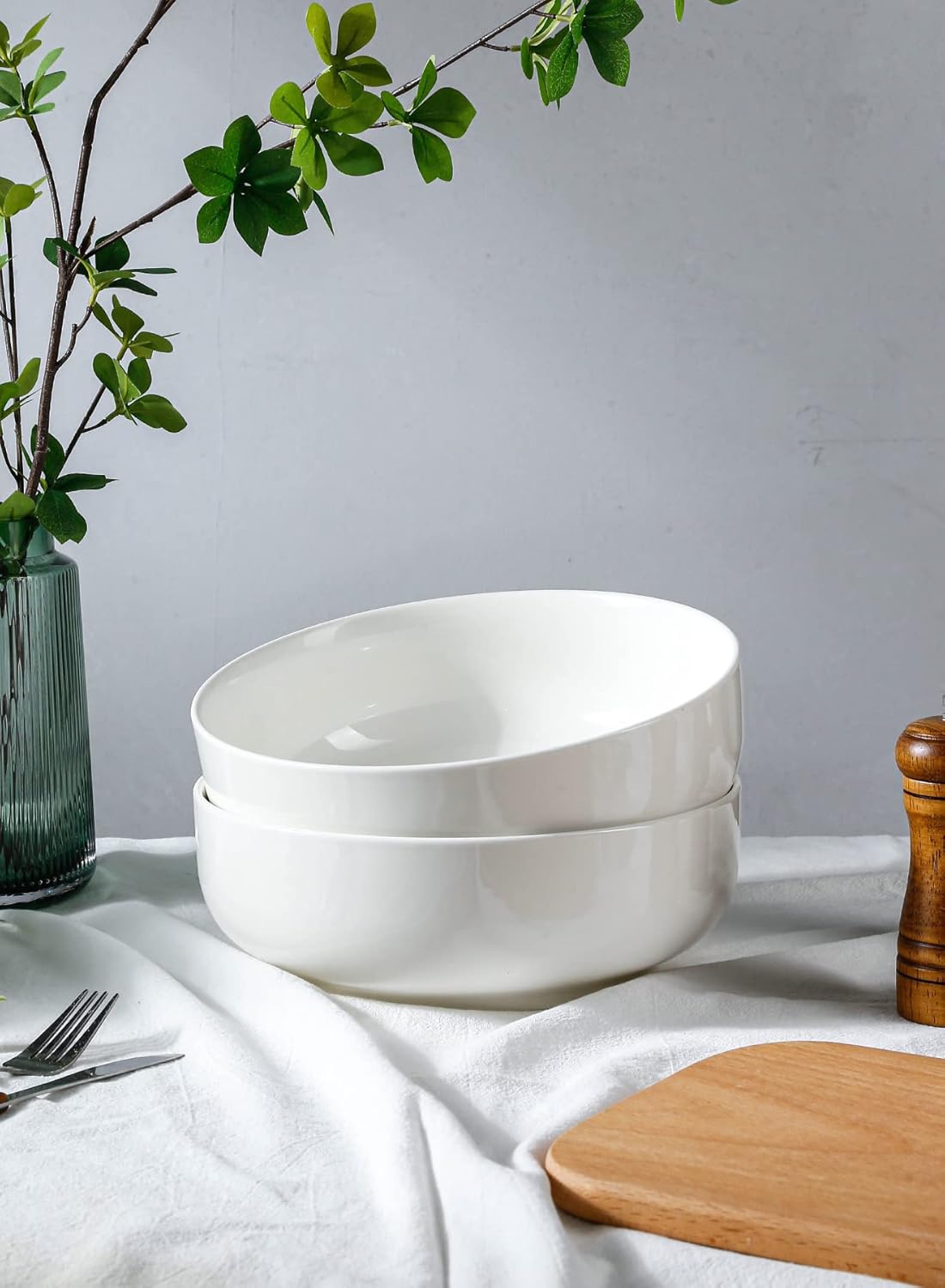 Onniyor Porcelain Big Salad Bowls, 110 ounce (10") Large Serving Bowls, Sturdy Pasta Bowl Set, Mixing Bowls for Kitchen, Dishwasher & Microwave Safe Serving Plates, Set of 2, White