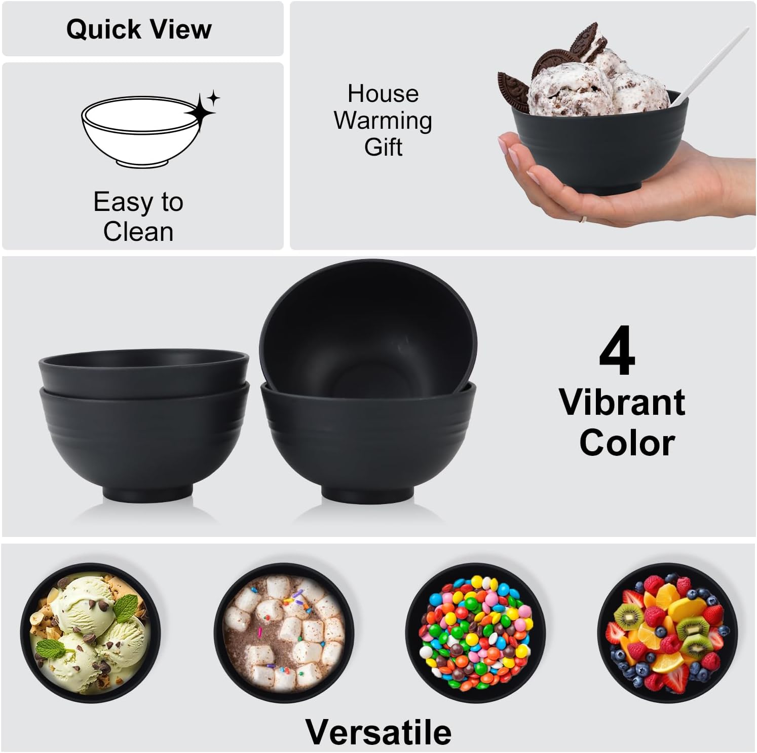 Wrova wheat straw snack bowls 10oz set of 8 - Unbreakable Dessert Bowls for kids - Mini Bowls for Ice Cream,Snack and Fruits - Microwave & Dishwasher Safe Appetizer Bowl Sets - Black
