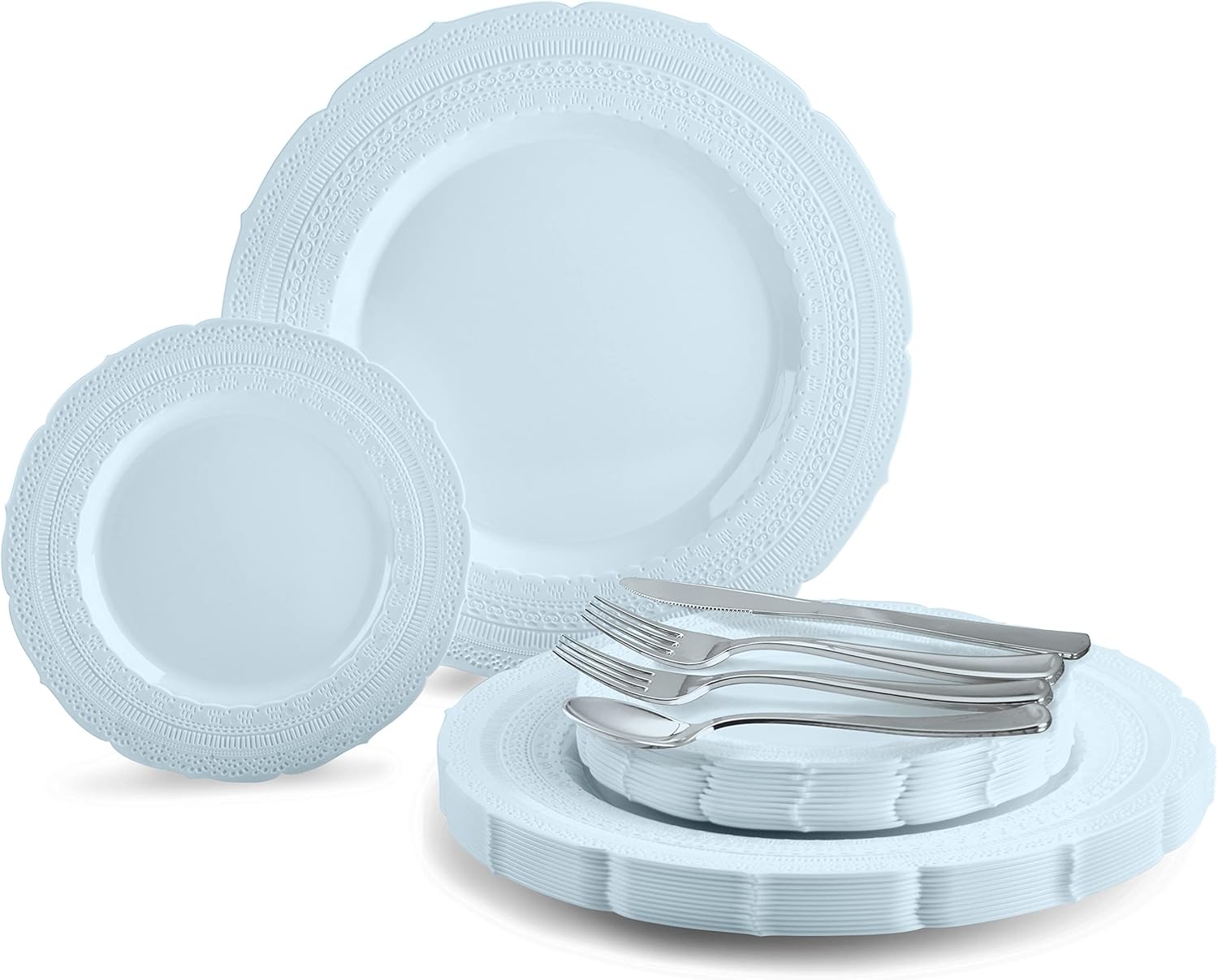 " OCCASIONS " 150pcs set (25 Guests)-Extra Heavyweight Vintage Wedding Disposable/Reusable Plastic Plates -25 x 11'' + 25 x 8.25'' +Silverware (Chateau Collection in Blue)