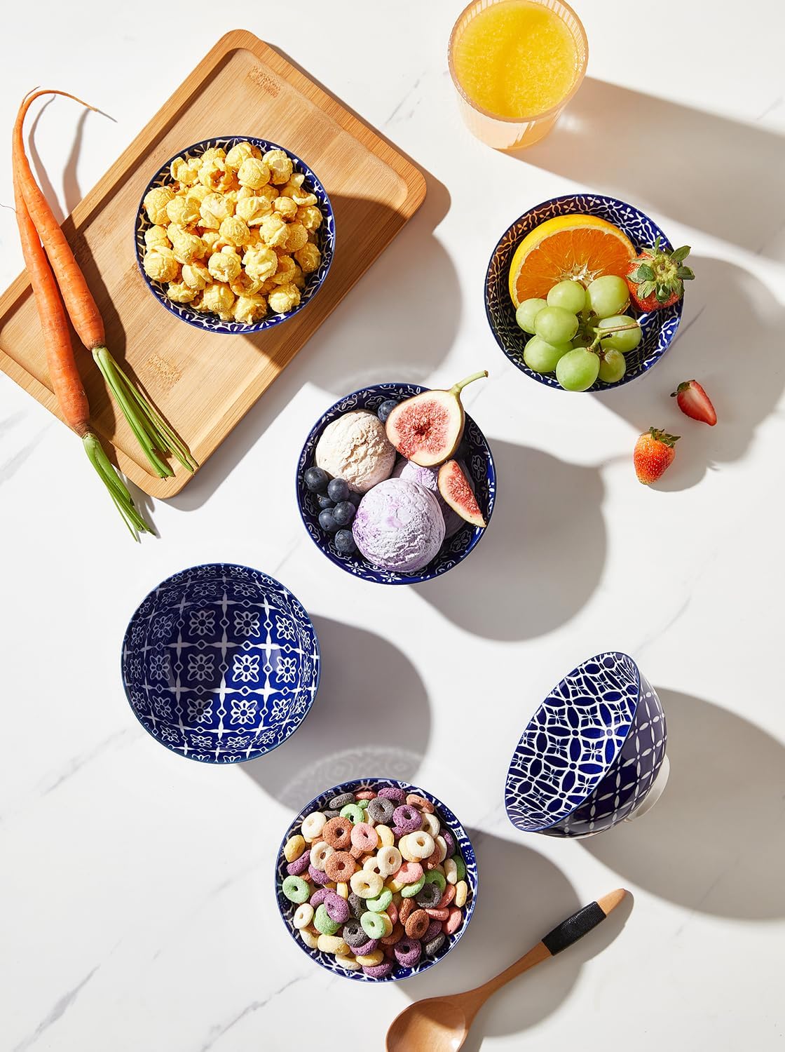 Blue and White Bowls, Ceramic Dessert Bowls 10 Oz, Porcelain Bowl Set for Ice Cream, Decorative Bowls for Snack Soup Condiments, Side Dishes, Set of 6