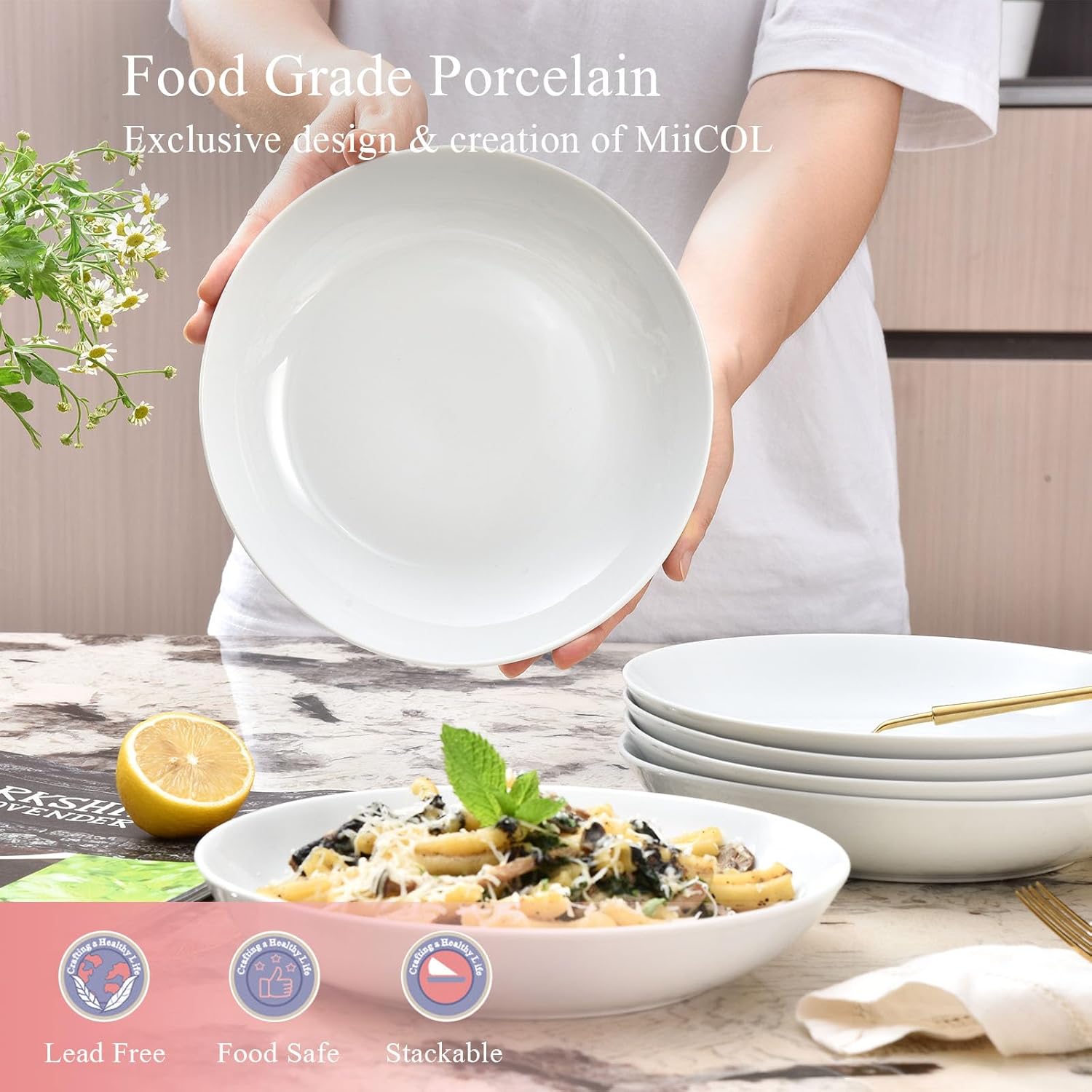 Miicol White Pasta Bowls 28 oz, Ceramic Salad Bowls Set of 6, Wide and Shallow Serving Bowl 8.25 inch, Large Pasta Plates, Serving Dish for Soup, Dinner, Microwave and Dishwasher Safe