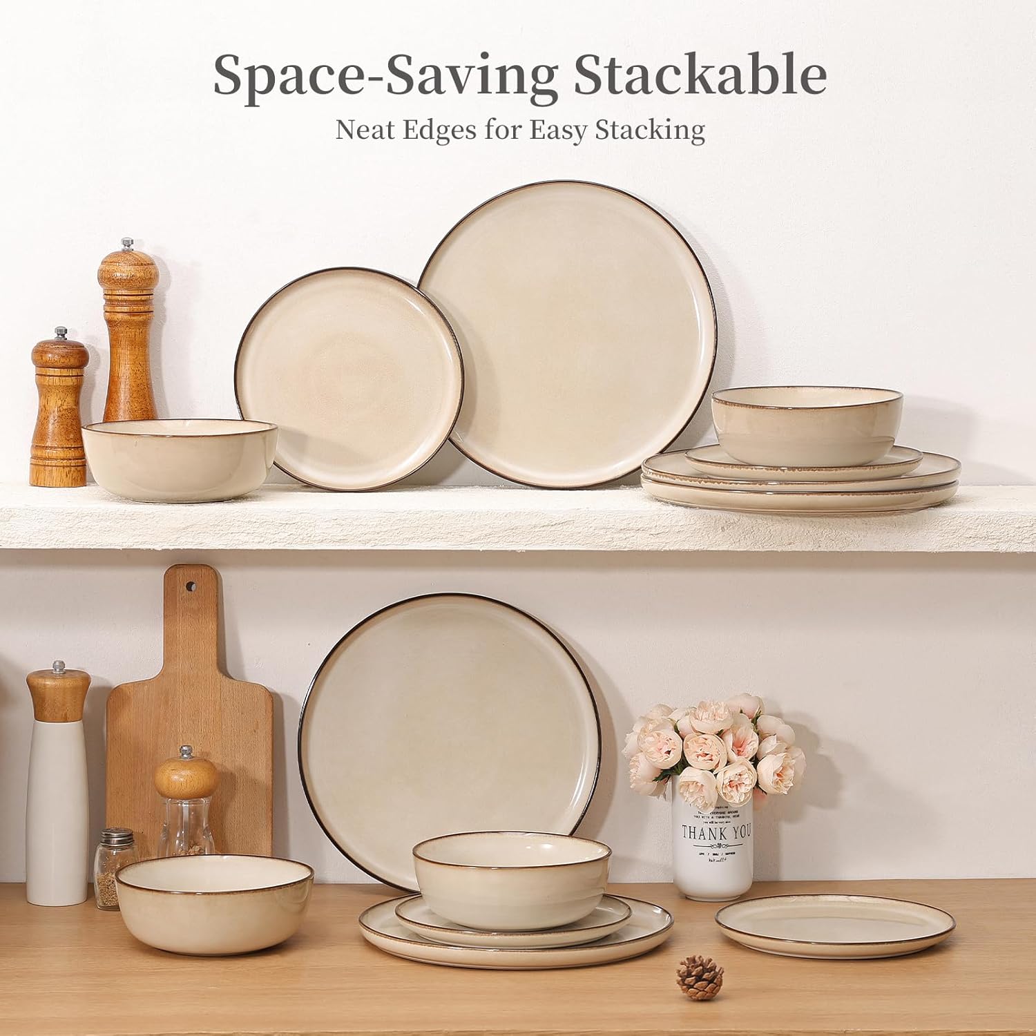 Ceramic Plates and Bowls Sets: 12 Piece Porcelain Dinnerware Sets, Stoneware Kitchen Dishes Set for 4, Scratch Resistant Plate Set, Microwave Dishwasher Oven Safe, Reactive Glaze (Beige)