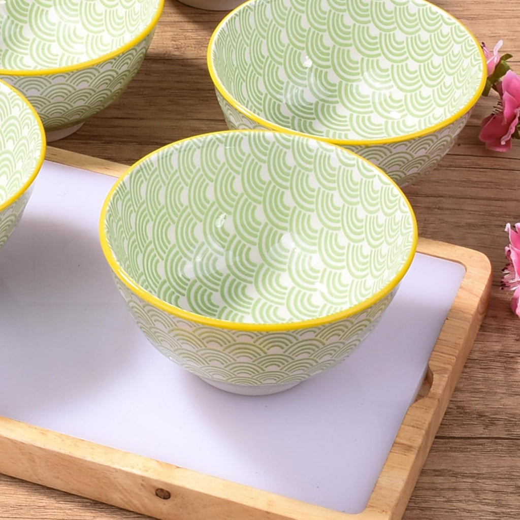 4.5" Ceramic Rice Bowl, Set of 4, Japanese Threaded Bowl, Dessert, Snack, Cereal, Rice, Kitchenware (GBL)