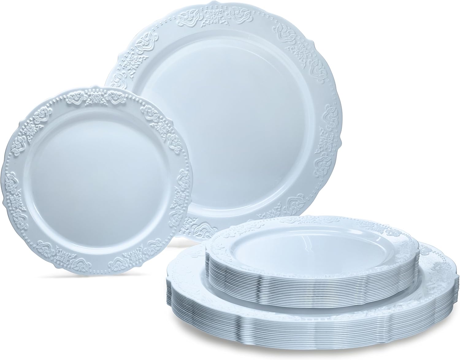 " OCCASIONS " 240 Plates Pack,(120 Guests) Vintage Wedding Party Disposable Plastic Plates Set-120x10.25'' Dinner +120x7.5'' Salad/Dessert Plate (Portofino Plain Blue)
